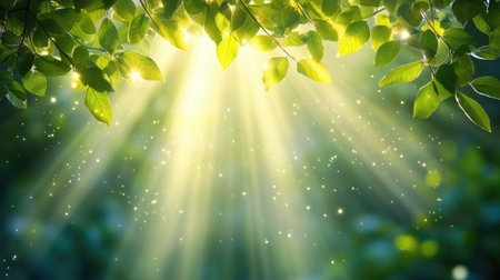 A tranquil scene showcasing sunlight filtering through lush green leaves, illuminating the forest with warm rays. Perfect for nature and serenity themes.の素材
