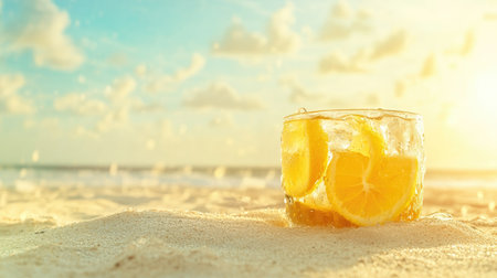 A chilled glass of citrus drink rests on sandy beach, surrounded by waves and warmth of sunset. Ideal for summer relaxation and enjoyment.の素材