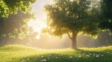 A tranquil scene featuring lush trees and vibrant grass bathed in warm morning light, creating a serene atmosphere perfect for nature lovers.の素材