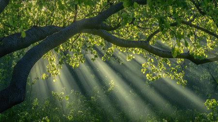 A serene forest scene showcasing sunlight filtering through vibrant green leaves. This peaceful setting evokes tranquility and a connection to nature.の素材