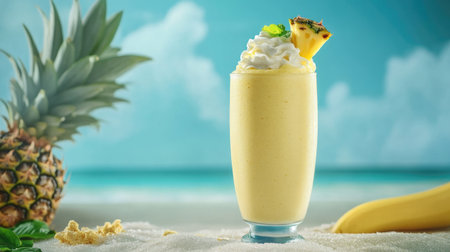 Indulge in a creamy tropical smoothie made with fresh pineapple and ripe banana, garnished with whipped cream and mint. Ideal for summer relaxation!の素材