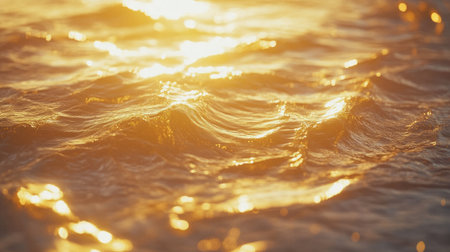 Golden sunlight dances on the surface of the ocean, creating a mesmerizing effect on the waves. The tranquil scene captures the beauty of nature during golden hour.の素材