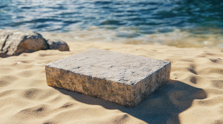 A flat stone rests on golden sand near a tranquil ocean, capturing the essence of nature's beauty. This serene beach scene evokes feelings of peace and relaxation.の素材
