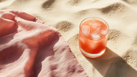 A refreshing drink filled with ice rests on soft sand, accompanied by pink fabric. The scene captures summer relaxation and a serene vacation vibe.の素材