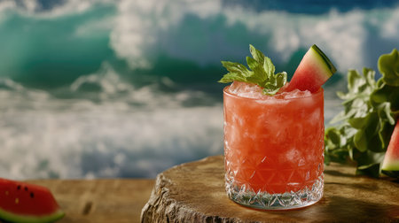 Enjoy a vibrant watermelon cocktail served over ice, garnished with mint, against a backdrop of crashing ocean waves, ideal for summer refreshment.の素材
