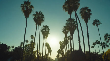 A beautiful view of tall palm trees silhouetted against a vibrant sunset. The warm colors of the sky create a peaceful atmosphere, perfect for nature lovers.の素材