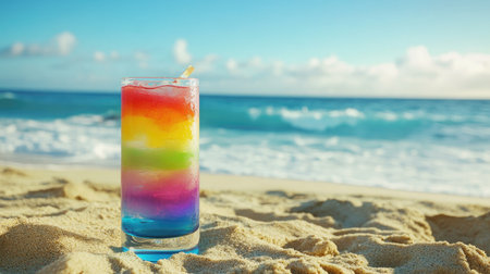 A vibrant rainbow drink sits on sandy beach, reflecting summer vibes. The ocean waves gently lap the shore under a clear blue sky, creating a serene atmosphere.の素材