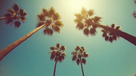 Five towering palm trees reach for a bright blue sky, radiating warmth and tropical vibes. This serene scene evokes feelings of relaxation and paradise.の素材