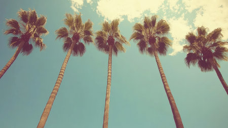 A stunning view of tall palm trees reaching towards a clear blue sky, accentuated by soft clouds. This image captures the essence of tropical relaxation.の素材