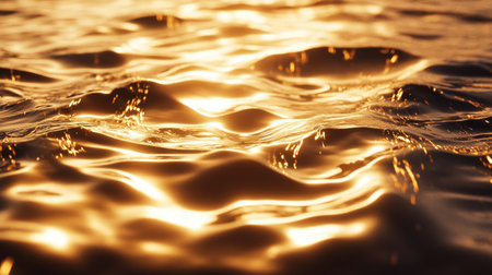Captivating view of a calm water surface reflecting golden sunlight, creating a serene ambiance. Ideal for nature themes, tranquility, and landscapes.の素材