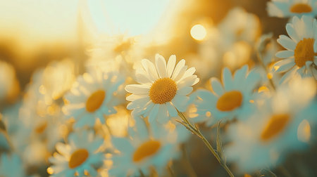 A captivating scene featuring bright daisies blooming under the warm golden light of sunset. This outdoor image highlights the beauty of nature in a vibrant and tranquil setting.の素材