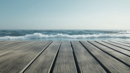 Experience a serene scene of a wooden deck meeting the gentle waves of the ocean. This tranquil view captures the essence of relaxation and natural beauty.の素材