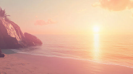 Experience a tranquil sunset over a calm ocean, where soft waves kiss the sandy beach. The warm hues create a serene atmosphere perfect for relaxation.の素材
