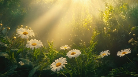 A captivating scene featuring daisies illuminated by gentle sunlight filtering through trees, creating a serene and tranquil atmosphere in nature.の素材