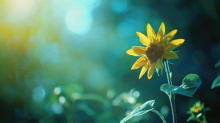 A stunning sunflower stands tall, bathed in soft, natural light. The vibrant yellow petals contrast beautifully with the rich green leaves, embodying the essence of summer.の素材