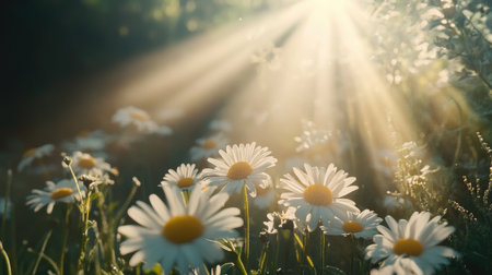 A peaceful scene showcasing daisies in a lush garden with soft sunlight filtering through. This serene image embodies the beauty of nature and tranquility.の素材