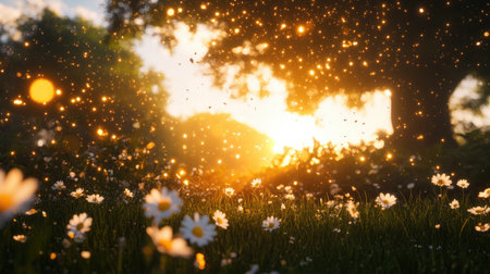 A stunning sunrise casts a warm glow over a field of blooming daisies, creating a magical atmosphere filled with sparkling dust particles in the air.の素材
