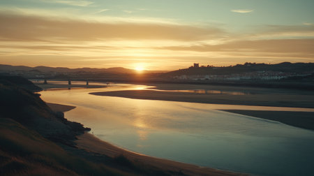 A captivating sunset scene showcasing a calm river reflecting the warm tones of the evening sky. Gentle waves and distant hills create a tranquil atmosphere, perfect for relaxation.の素材