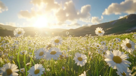 A vibrant meadow filled with blooming daisies under a bright blue sky, illuminated by warm sunlight. This serene landscape embodies the beauty of nature in spring.の素材
