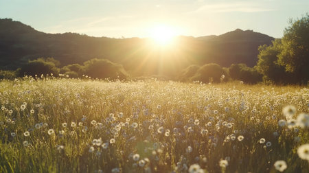 A peaceful scene showcasing sunlight rising over a lush flower field filled with fluffy dandelions, framed by distant mountains. A perfect nature moment.の素材