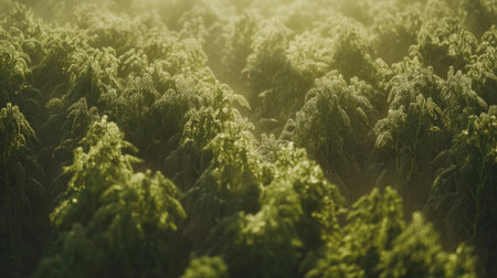 A breathtaking view of a vibrant green garden filled with tall grass, illuminated by the warm glow of morning sunlight. A serene and tranquil landscape perfect for nature lovers.の素材