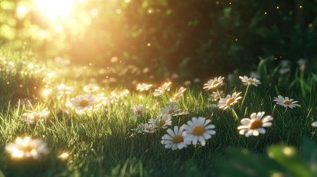A serene meadow filled with delicate flowers bathed in warm sunlight creates a tranquil atmosphere. The soft focus highlights the beauty of nature's colors.の素材