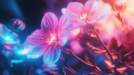 This mesmerizing image showcases ethereal flowers with glowing petals in vibrant pink and blue hues, creating an enchanting and artistic atmosphere.の素材