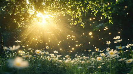 A breathtaking view of sunlight filtering through tree branches, illuminating a field of daisies. The scene evokes a serene and magical atmosphere, perfect for nature lovers.の素材