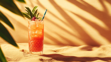 A vibrant tropical cocktail rests amidst soft sand, adorned with a straw and garnished with pineapple and raspberry. The sunlight casts playful shadows, evoking a warm summer vibe.の素材