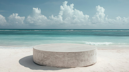 A minimalist round concrete platform rests on a serene sandy beach, inviting relaxation and reflection against the stunning backdrop of the ocean and clouds.の素材