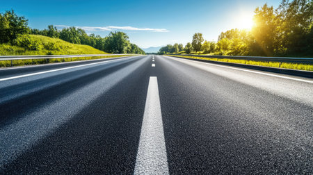 Expansive highway scene with clear blue sky and sunlight spilling over lush greenery, presenting a serene opportunity for travel and adventure.の素材