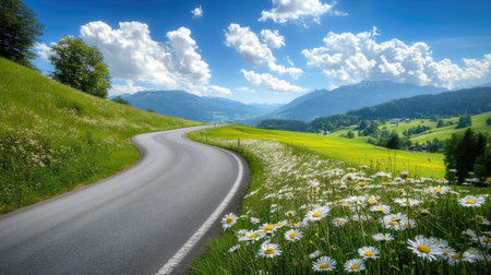 This stunning image captures a winding road framed by vibrant wildflowers under a bright blue sky, inviting viewers to explore the serene countryside landscape.の素材