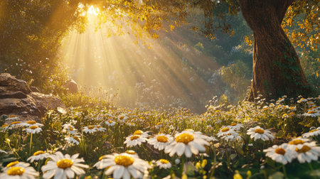 A serene meadow filled with blooming daisies catches beams of sunlight filtering through the trees. This inviting scene captures the essence of nature and tranquility.の素材
