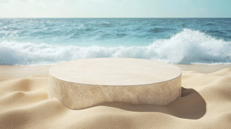 A minimalist round display stand sits on golden sand by the ocean, offering a serene backdrop of waves and clear blue sky, perfect for showcasing objects.の素材