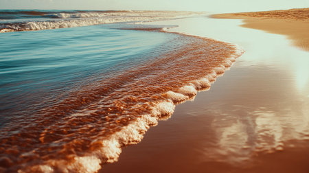 A serene view of ocean waves lapping at a sandy beach during sunset. The gentle ripples reflect warm colors, providing a tranquil atmosphere for relaxation.の素材