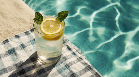 A refreshing summer cocktail featuring lemon and mint served by a sparkling swimming pool. Perfect for outdoor relaxation and enjoyment on a sunny day.の素材