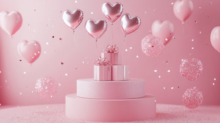 A charming scene featuring pink heart balloons, shimmering decorations, and beautifully wrapped gifts. Perfect for romantic celebrations or festive occasions.の素材