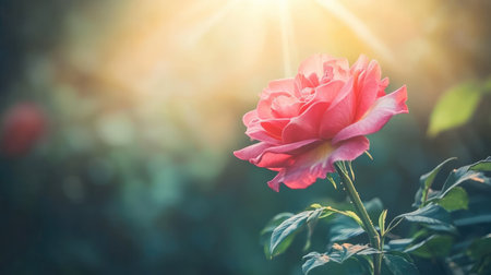 A captivating pink rose blooms gracefully in a garden, illuminated by soft sunlight. The image captures the delicate petals and lush green leaves, embodying nature's beauty.の素材