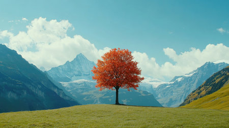 A stunning red tree stands alone in a vibrant autumn landscape, surrounded by majestic mountains under a bright blue sky, creating a serene and peaceful scene.の素材