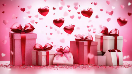A beautiful arrangement of romantic gifts adorned with ribbons and hearts, perfect for love celebrations. Ideal for Valentine's Day or any special occasion.の素材