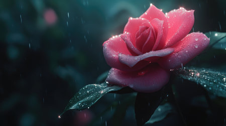 A stunning close-up of a dew-kissed pink rose amidst a rainy garden. The vibrant petals glisten under the soft light, creating a serene atmosphere.の素材