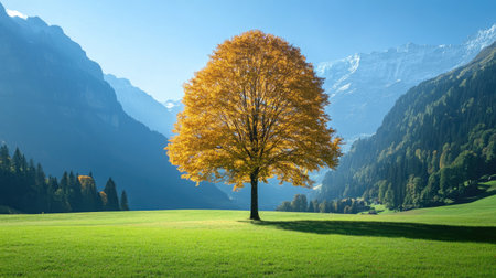 Stunning autumn tree stands alone in a lush green field, surrounded by majestic mountains and blue sky, capturing the essence of nature's beauty.の素材
