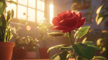 A stunning red rose captures the warm embrace of sunlight in a cozy setting. This image showcases natural beauty, bringing a sense of tranquility and freshness.の素材