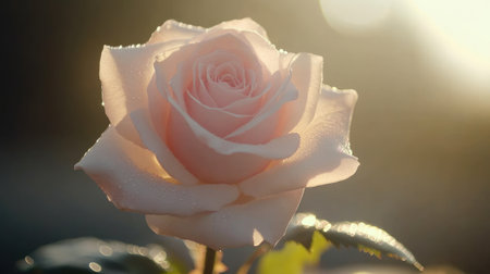A stunning close-up of a pink rose adorned with dewdrops, illuminated by soft morning sunlight, capturing the essence of beauty and tranquility in nature.の素材