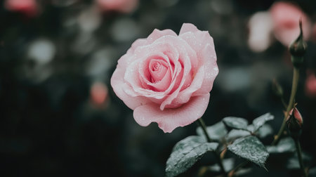 A stunning close-up of a pink rose flower showcasing its delicate petals and lush green leaves. The soft background adds a dreamy quality to this floral beauty.の素材