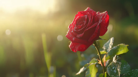 A stunning red rose adorned with morning dew glistens in the warm sunlight, creating a serene and romantic atmosphere. Perfect for nature-inspired projects.の素材