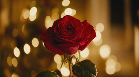 A captivating single red rose stands gracefully against a softly illuminated backdrop of bokeh lights, evoking feelings of romance and elegance.の素材