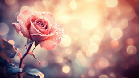 A stunning pink rose with dew drops stands elegantly against a blurred, soft bokeh background, creating a dreamy and romantic atmosphere ideal for various projects.の素材