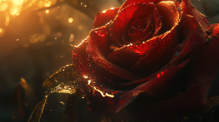 A captivating close-up of a red rose petal covered in dewdrops, illuminated by soft golden light. This image evokes beauty and tranquility, perfect for nature enthusiasts.の素材