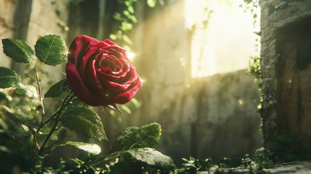 A stunning red rose stands in a sunlit abandoned building, surrounded by greenery. This image captures a contrast between nature and decay, evoking feelings of serenity and beauty.の素材